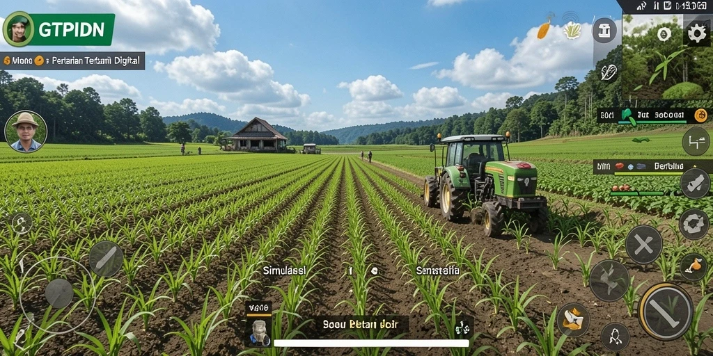 Screenshot gameplay GTPIDN menampilkan ladang yang subur dan hewan-hewan yang sehat.