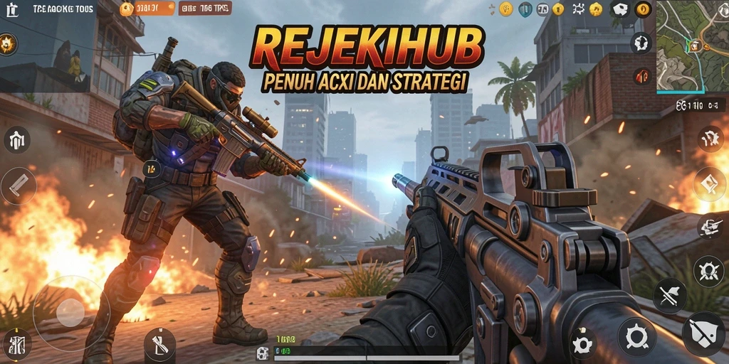 Tampilan gameplay REJEKIHUB yang penuh aksi di dalam pertempuran TPS.