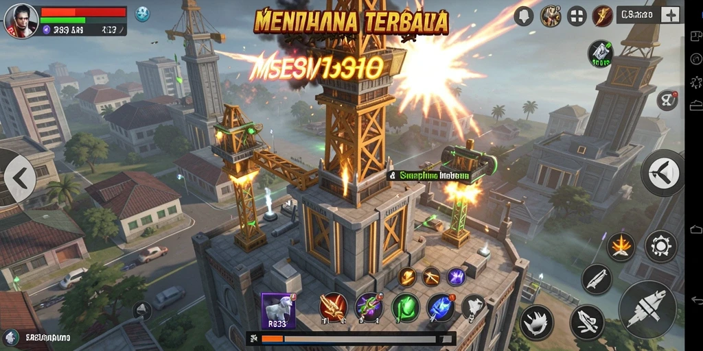 Tampilan screenshot gameplay <strong>RR33</strong> menampilkan menara pertahanan yang megah dan musuh menyerang.